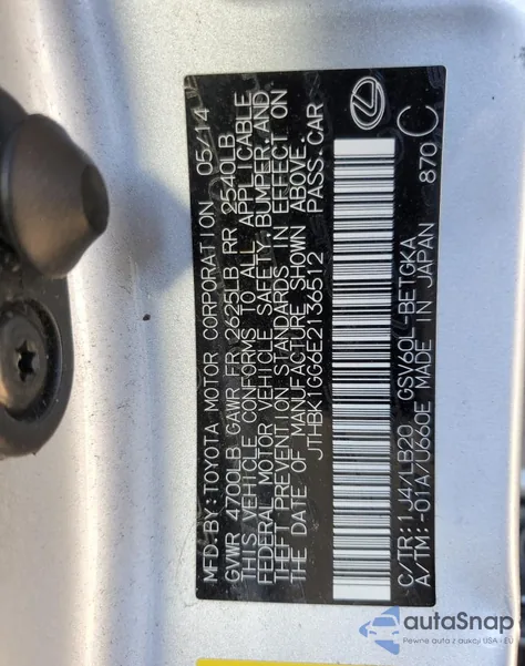 2014 Lexus Es 350 from USA, damaged, VIN JTHBK1GG6E2136512